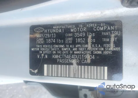 2013 Hyundai Accent Gs z USA, uszkodzony, nr VIN KMHCT5AE4DU119904